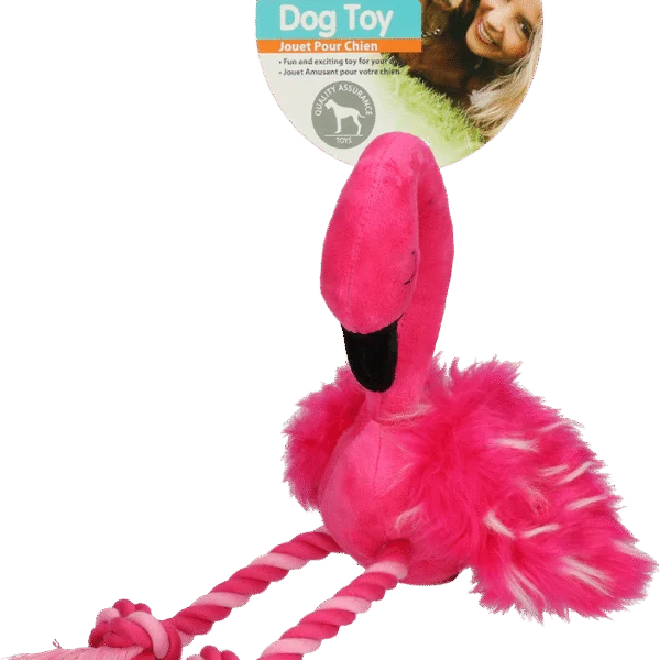 Jucărie de pluș Flamingo pentru câini, cu piuitor și picioare din frânghie, roz, aprox. 38 x 20 x 10 cm – Pawise Flamingo L