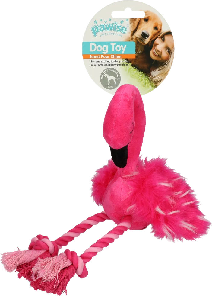 Jucărie de pluș Flamingo pentru câini, cu piuitor și picioare din frânghie, roz, aprox. 38 x 20 x 10 cm – Pawise Flamingo L - imagine 1