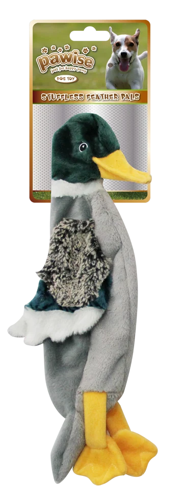 Jucărie de pluș pentru câini în formă de rață S, fără umplutură, cu piuitoare, 30 cm – Pawise Stuffless Feather Pals - imagine 1