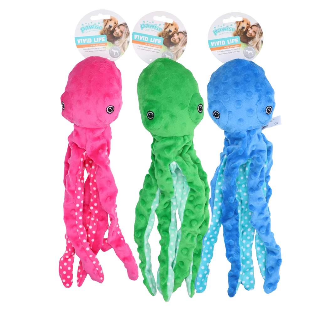 Jucărie de pluș pentru câini, caracatiță cu piuitoare, sortiment, S – Pawise Multicolor Plush Octopus (3 colour assorted) S - imagine 1