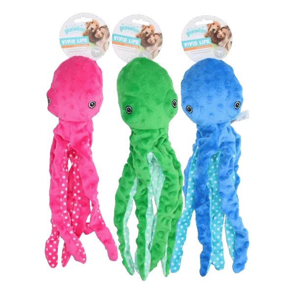 Jucărie de pluș pentru câini, caracatiță cu piuitoare, culori asortate, L – Pawise Multicolor Plush Octopus (3 colour assorted) L