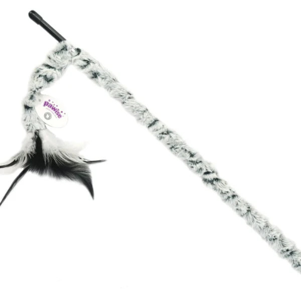 Jucărie tip undiță pentru pisici, cu coadă de pluș și pene, tijă de 46 cm – Pawise Cat Teaser Plush Tail