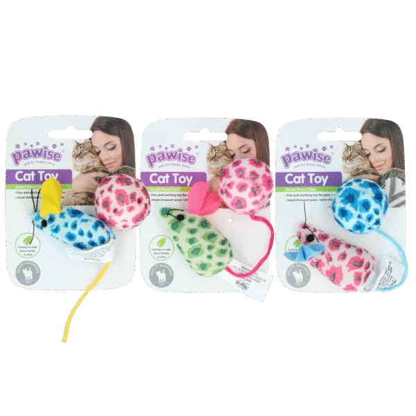 Set de jucării pentru pisici cu șoricel și minge, iarbă mâței, 2 bucăți – Pawise Cat Toy - Mice & Ball
