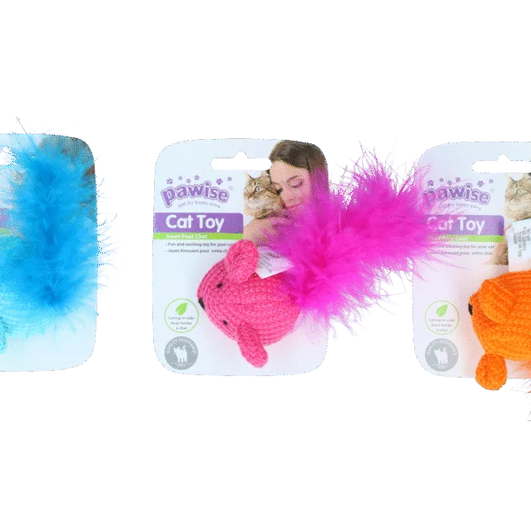 Șoricel de joacă cu catnip și pene, 14 cm – Pawise Cat Toy Wool Mouse