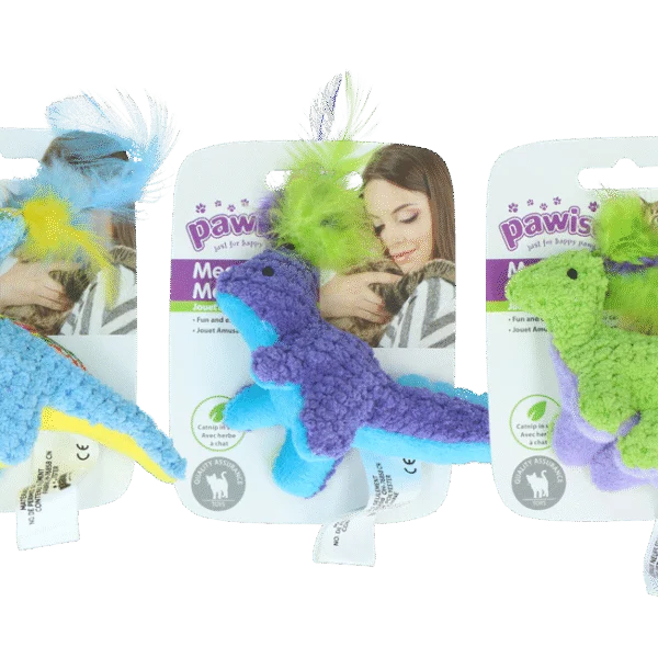 Jucărie de pluș pentru pisici cu iarbă mâței și pene, 12 x 12 cm – Pawise meow meow life Dinosaurus
