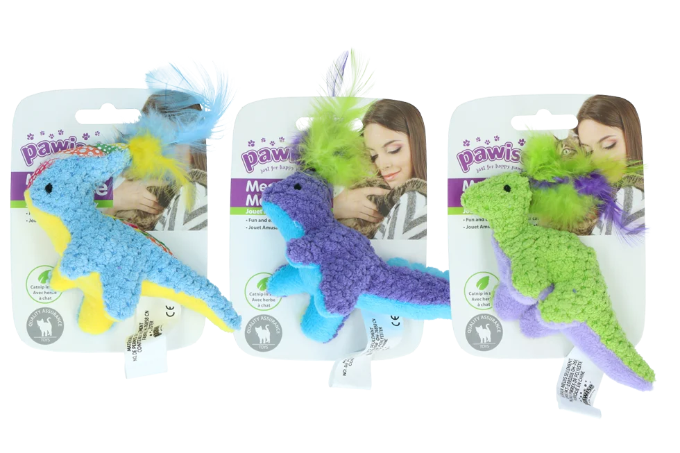Jucărie de pluș pentru pisici cu iarbă mâței și pene, 12 x 12 cm – Pawise meow meow life Dinosaurus - imagine 1