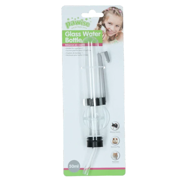 Adăpătoare din sticlă pentru hamsteri, cu suport și ventuză, 50 ml – Pawise Hamster Glass Water Bottle