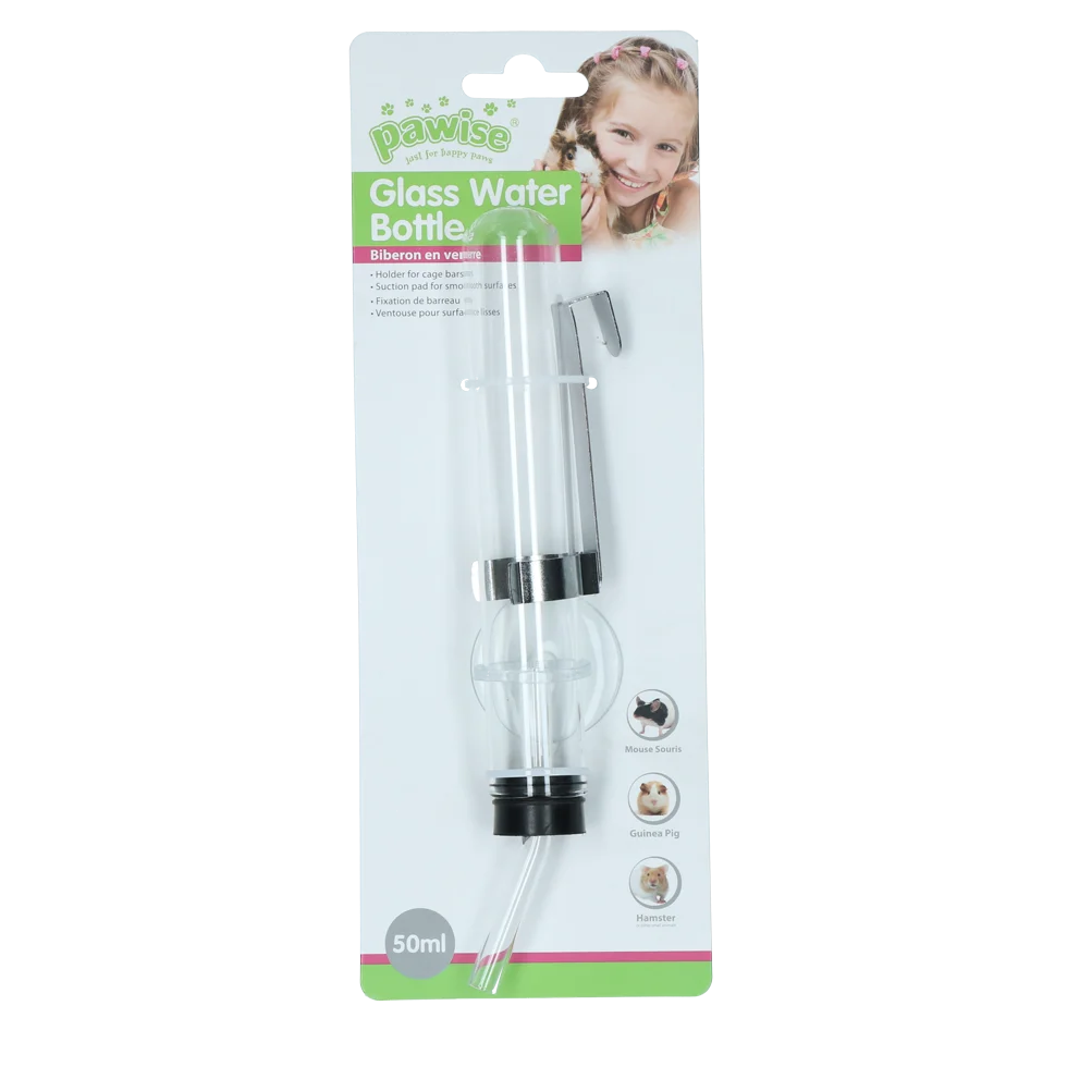Adăpătoare din sticlă pentru hamsteri, cu suport și ventuză, 50 ml – Pawise Hamster Glass Water Bottle - imagine 1
