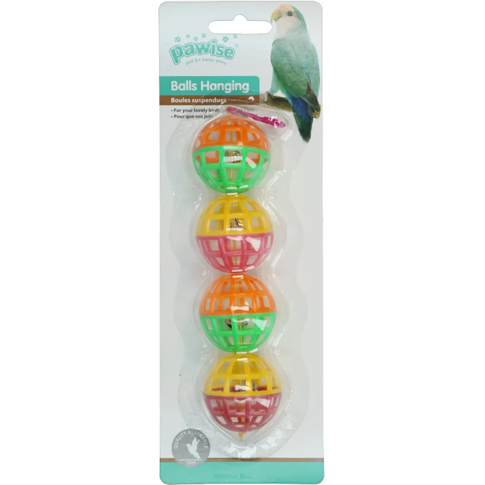 Mingi de joacă pentru păsări cu clopoței, 4 bucăți, 16 cm – Pawise Balls Hanging - imagine 1