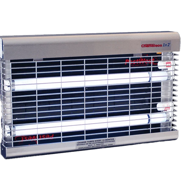 Lampă pentru capturarea muștelor, pentru montare pe perete, cu placă adezivă, integral din inox – PestWest Chameleon 1x2
