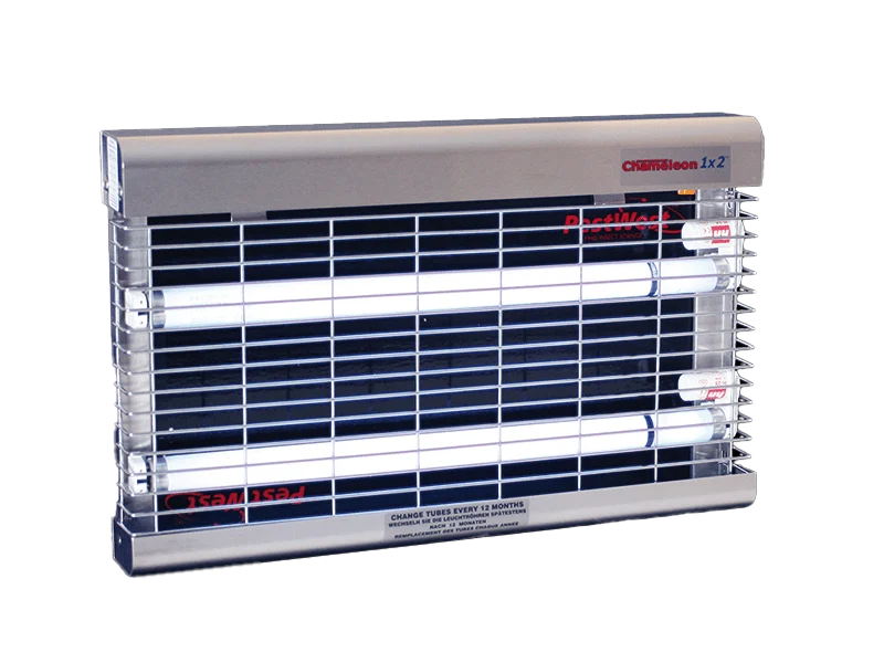Lampă pentru muște pentru montare pe perete, cu placă adezivă, din oțel inoxidabil cu grilaj cromat – PestWest Chameleon 1x2 - imagine 1
