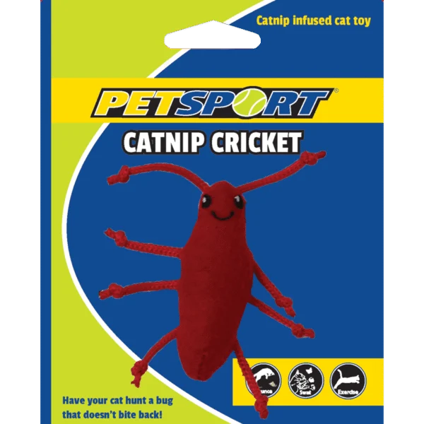 Greieraș de joacă cu iarba mâței și fleece, corp de 7 cm, roșu – Petsport Catnip Cricket