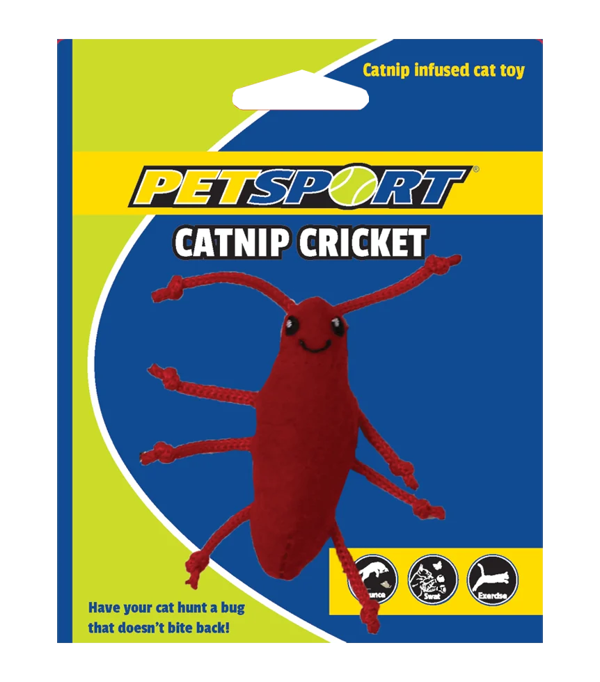 Greieraș de joacă cu iarba mâței și fleece, corp de 7 cm, roșu – Petsport Catnip Cricket - imagine 1