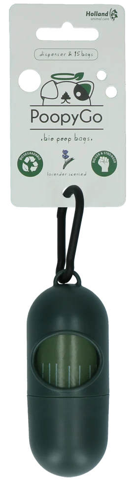 Dispenser pentru pungi de excremente, cu 15 pungi biodegradabile, miros de lavandă – PoopyGo - imagine 1