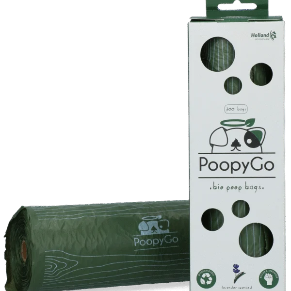 Pungi biodegradabile pentru excremente de câine, cu aromă de lavandă, 300 de bucăți în cutie – PoopyGo Eco friendly Tissue Box