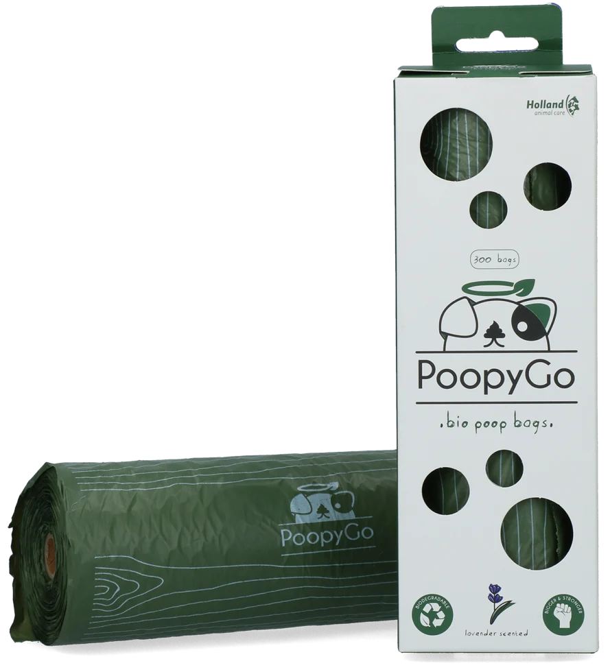 Pungi biodegradabile pentru excremente de câine, cu aromă de lavandă, 300 de bucăți în cutie – PoopyGo Eco friendly Tissue Box - imagine 1