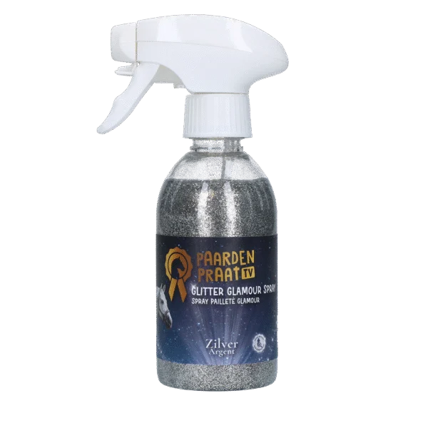Spray cu sclipici pentru cai și ponei, 250 ml – Paardenpraat TV Glitter Glamour Spray argintiu