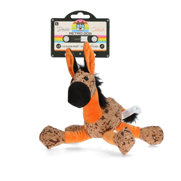 Jucărie de pluș pentru câini, măgăruș cu piuitor, portocaliu, S – Retro Dog Donkey