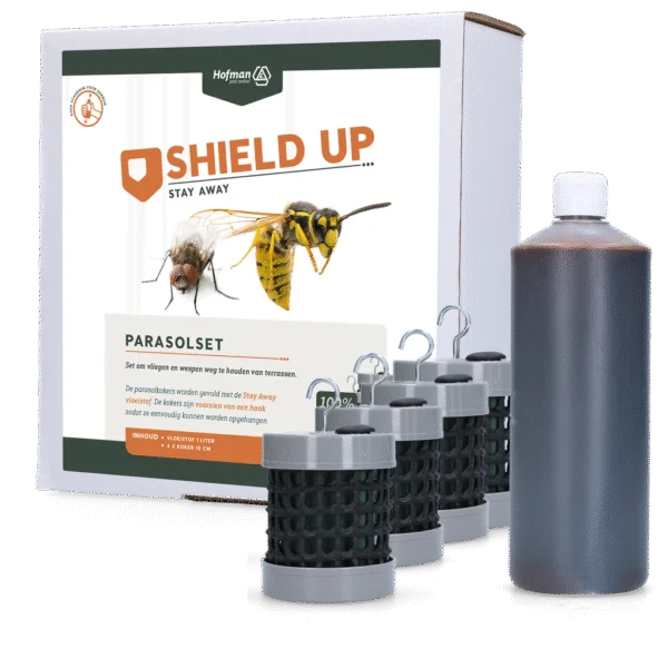 Set umbrelă împotriva muștelor și viespilor, 1 l de lichid și 4 tuburi – Shield Up Stay Away Parasol Set