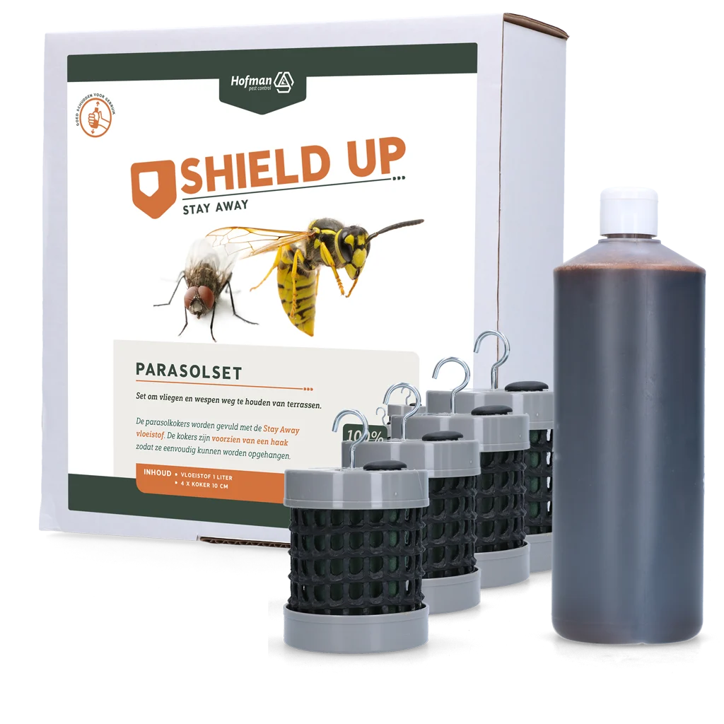 Set umbrelă împotriva muștelor și viespilor, 1 l de lichid și 4 tuburi – Shield Up Stay Away Parasol Set - imagine 1