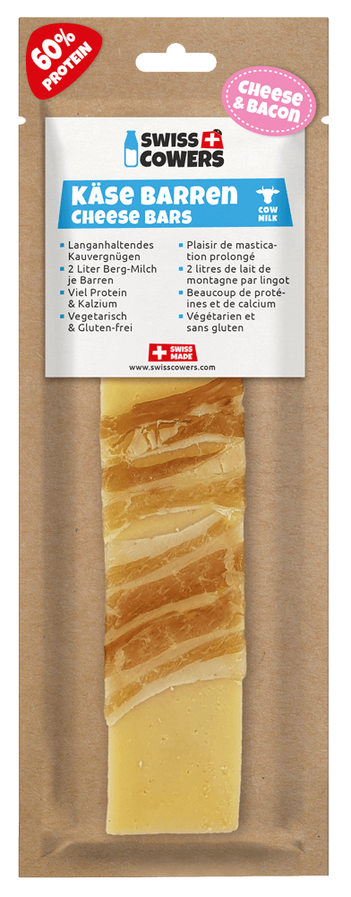 Baton de brânză pentru câini cu bacon, fără lactoză – SwissCowers Cheese Bars Bacon L