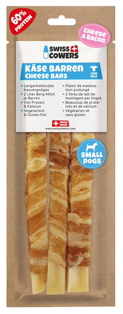 Baton de brânză pentru câini cu bacon, fără lactoză – SwissCowers Cheese Bars Bacon S