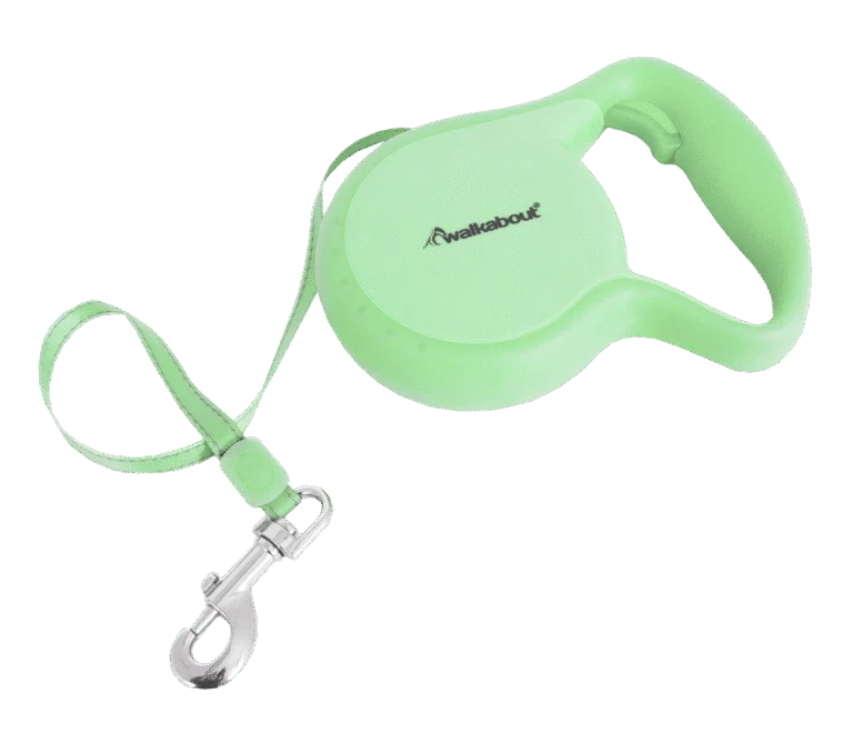 Lesă retractabilă pentru câini cu bandă de încheietură, mărimea L, 4,9 metri – Petmate Walkabout Retractable Leash Glow in the Dark