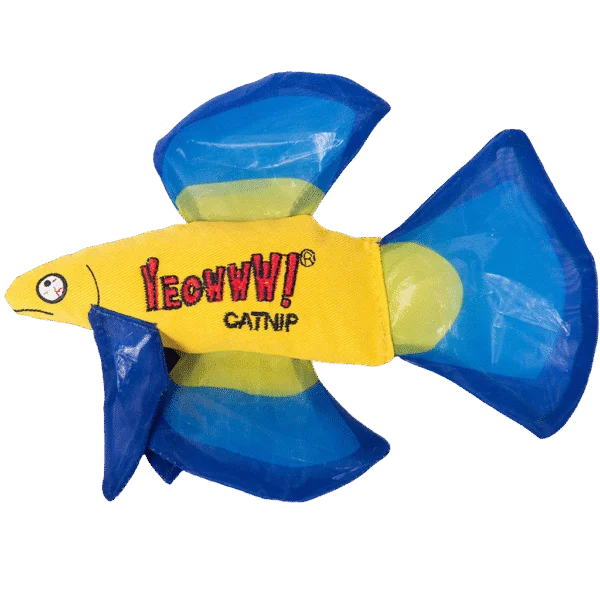 Peștișor de jucărie pentru pisici cu iarbă mâței și înotătoare foșnitoare, Albastru, 17 x 12 cm – Yeowww! Mo Betta Fish