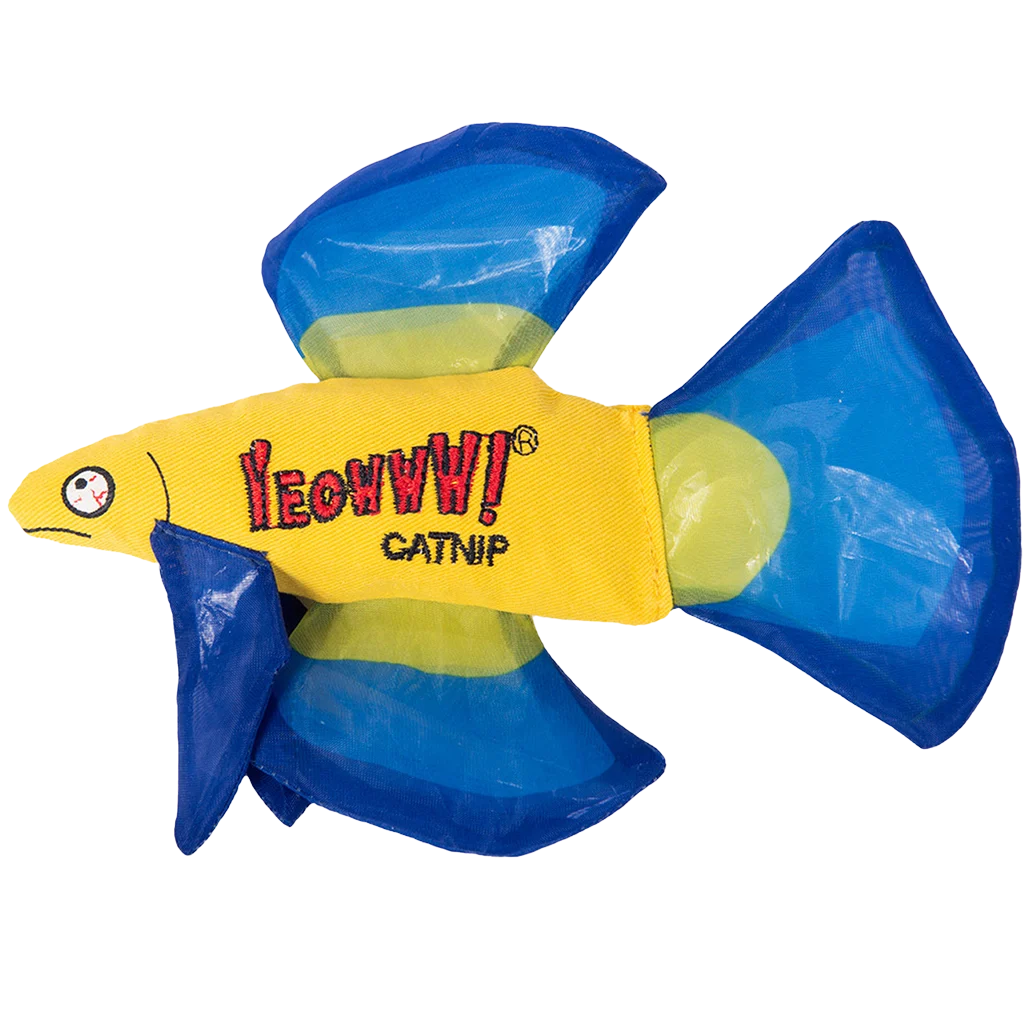 YEOW044A.png Peștișor de jucărie pentru pisici cu iarbă mâței și înotătoare foșnitoare, Albastru, 17 x 12 cm – Yeowww! Mo Betta Fish - imagine 1