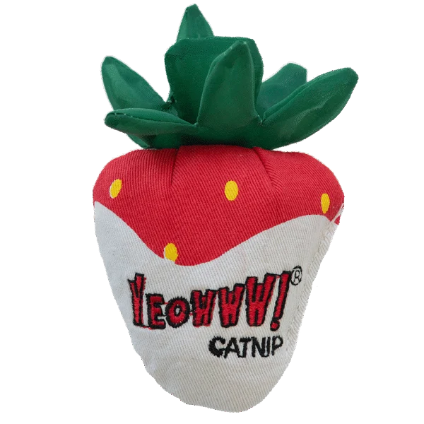 Jucărie pentru pisici în formă de căpșună, cu catnip și frunze foșnitoare – Yeowww! Strawberry White Chocolate