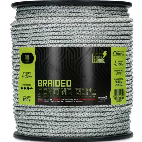 Fir împletit pentru gard electric 6 mm alb cu verde, 200 m – ZoneGuard Koord PLUS