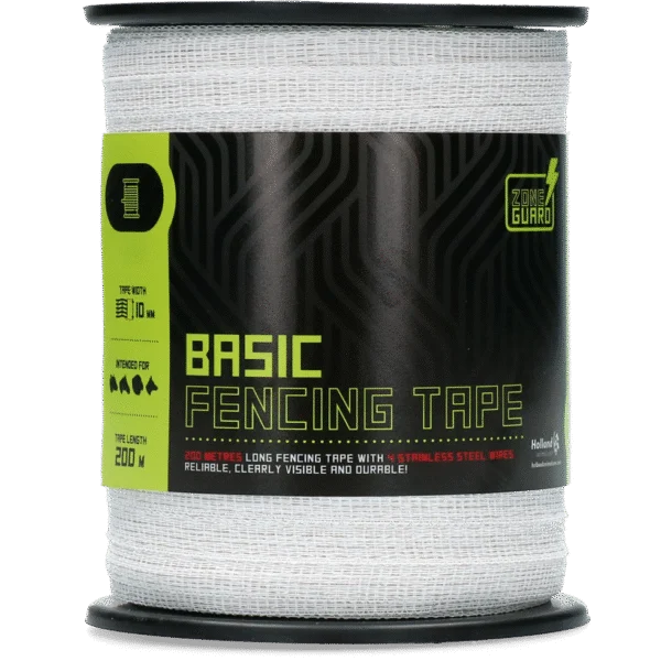 Bandă pentru gard electric albă, 10 mm, cu 4 fire din oțel inoxidabil, 200 m – ZoneGuard Basic