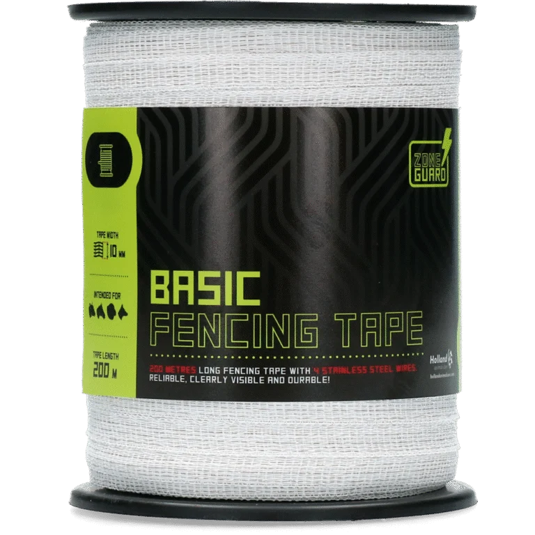 Bandă pentru gard electric albă, 10 mm, cu 4 fire din oțel inoxidabil, 200 m – ZoneGuard Basic