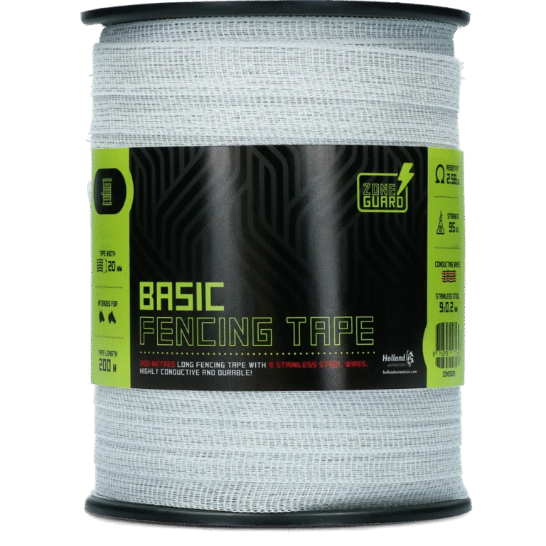 Bandă pentru gard electric, 20 mm, albă, cu 9 fire din oțel inoxidabil, 200 m – ZoneGuard Basic