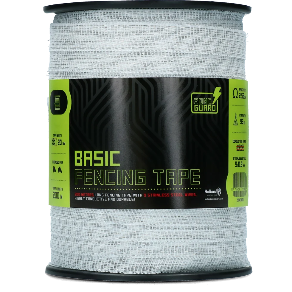 Bandă pentru gard electric, 20 mm, albă, cu 9 fire din oțel inoxidabil, 200 m – ZoneGuard Basic - imagine 1