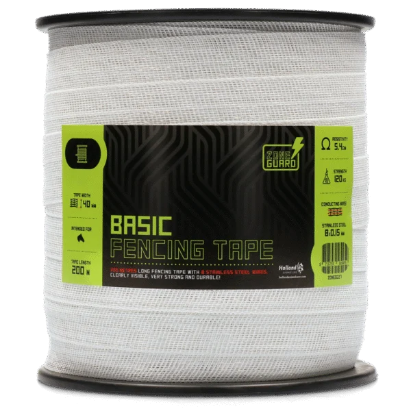 Bandă pentru gard electric 40 mm, albă, cu 8 fire din oțel inoxidabil, 200 m – ZoneGuard Basic