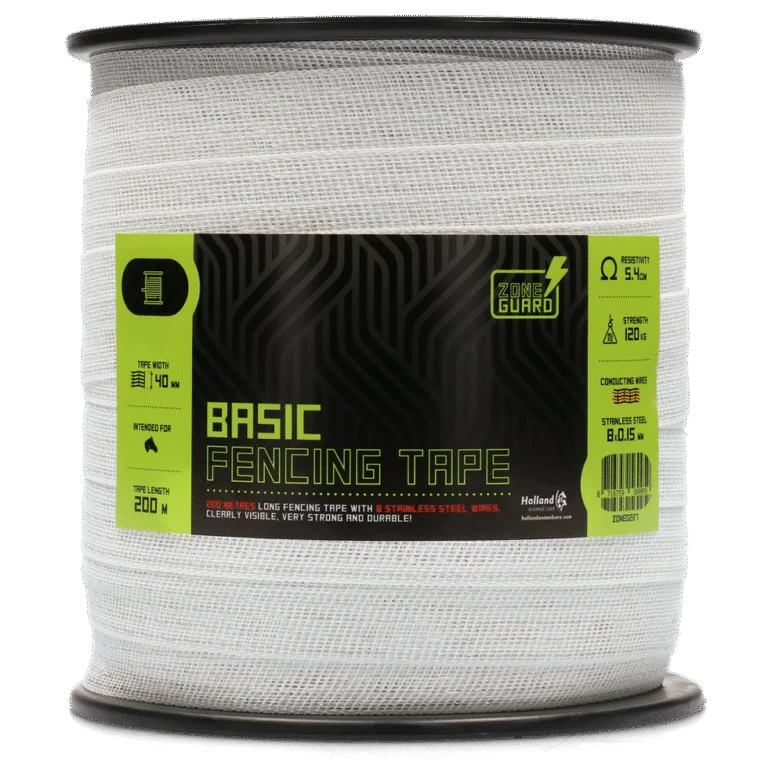 Bandă pentru gard electric 40 mm, albă, cu 8 fire din oțel inoxidabil, 200 m – ZoneGuard Basic