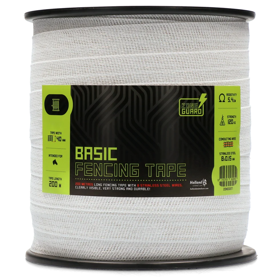 Bandă pentru gard electric 40 mm, albă, cu 8 fire din oțel inoxidabil, 200 m – ZoneGuard Basic - imagine 1