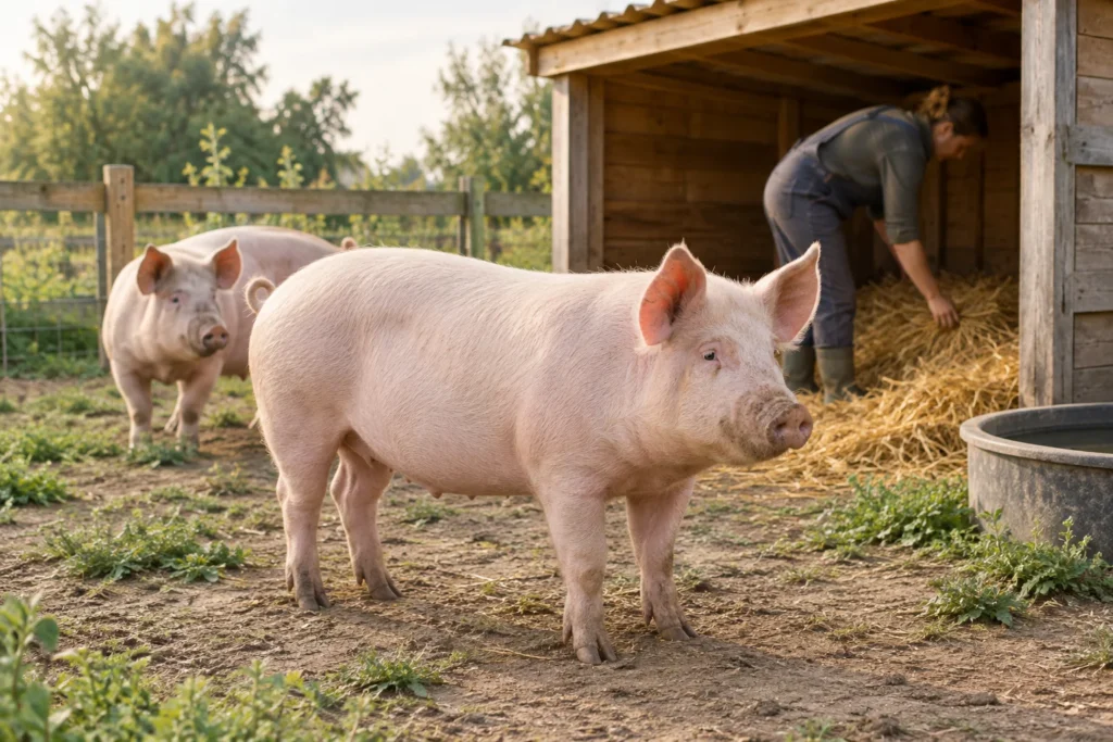 Doi porci lângă un adăpost din lemn, în timp ce o persoană verifică paiele din țarc.