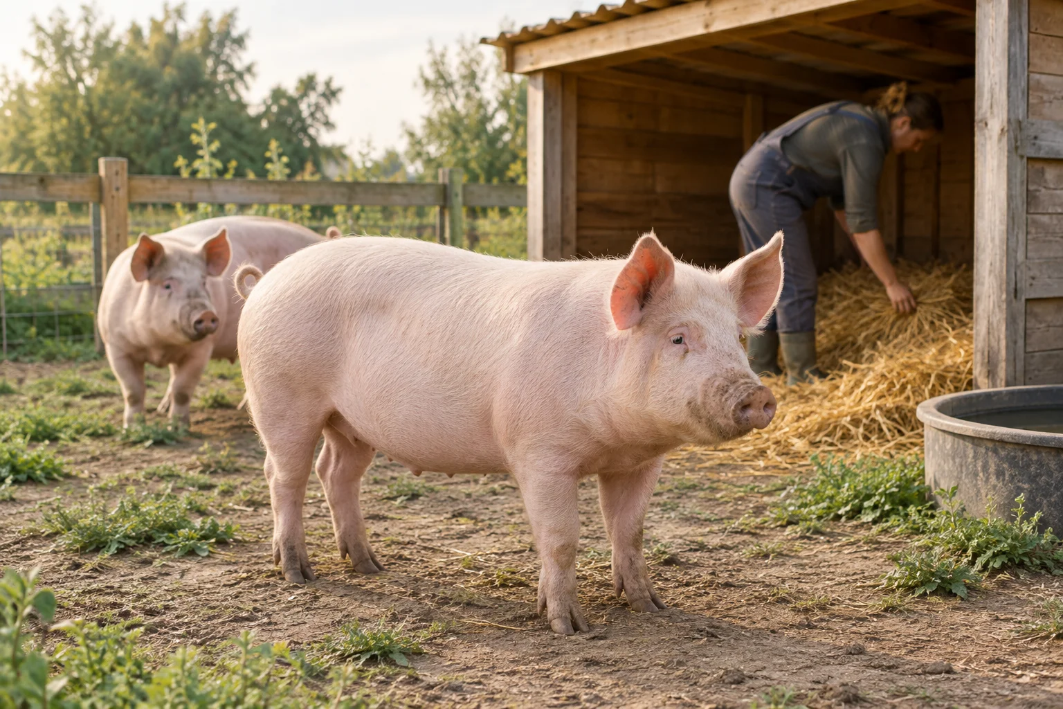 Doi porci lângă un adăpost din lemn, în timp ce o persoană verifică paiele din țarc.