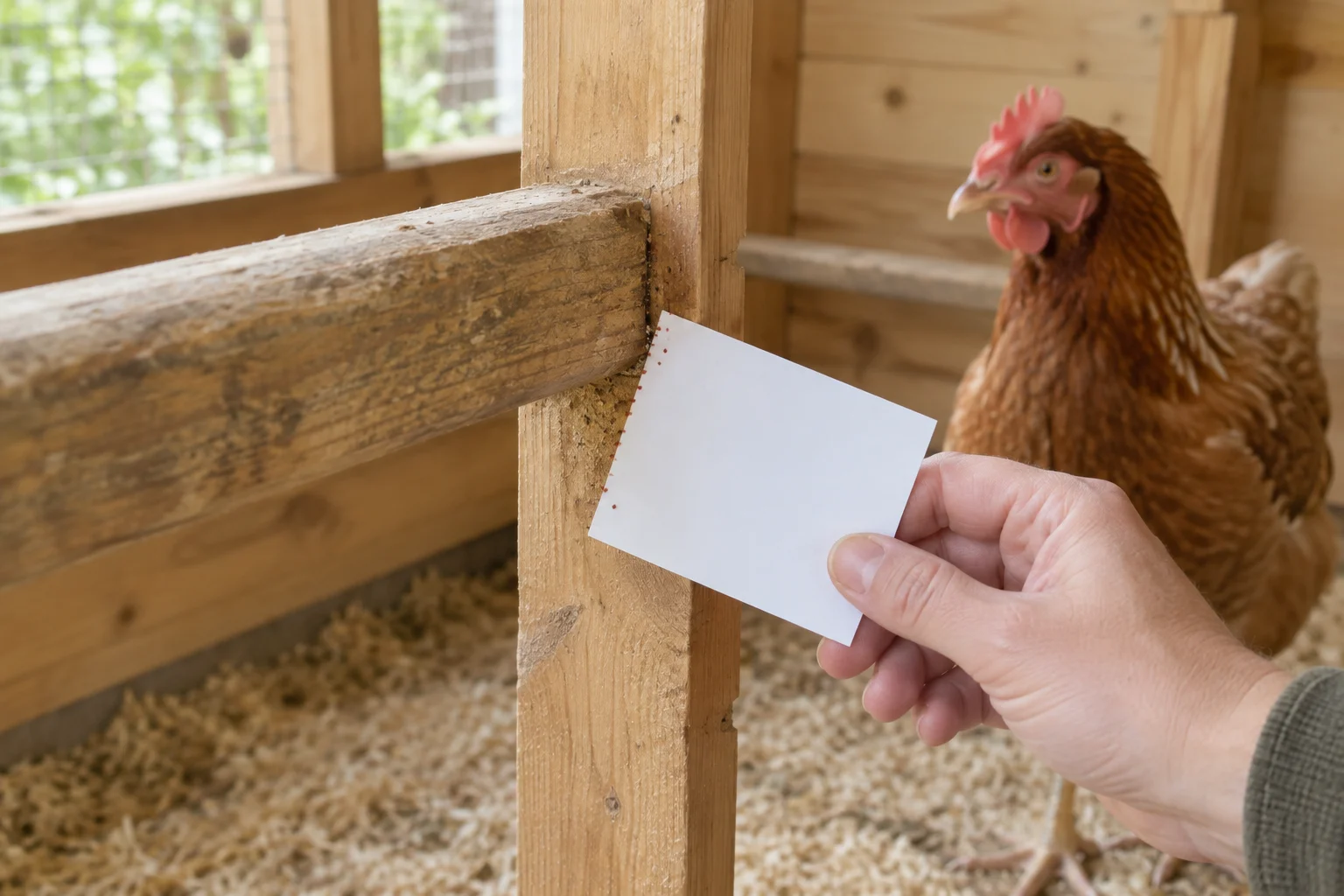 O mână ține un cartonaș alb lângă o îmbinare a unei stinghii de dormit din lemn. Se văd puncte mici roșcate maronii; în fundal se află o găină brună.