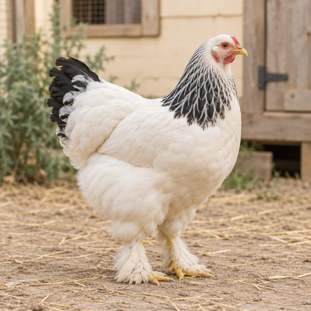 O găină mare, albă cu negru, cu picioarele acoperite cu pene, stă pe pământ uscat în fața unui coteț din lemn.