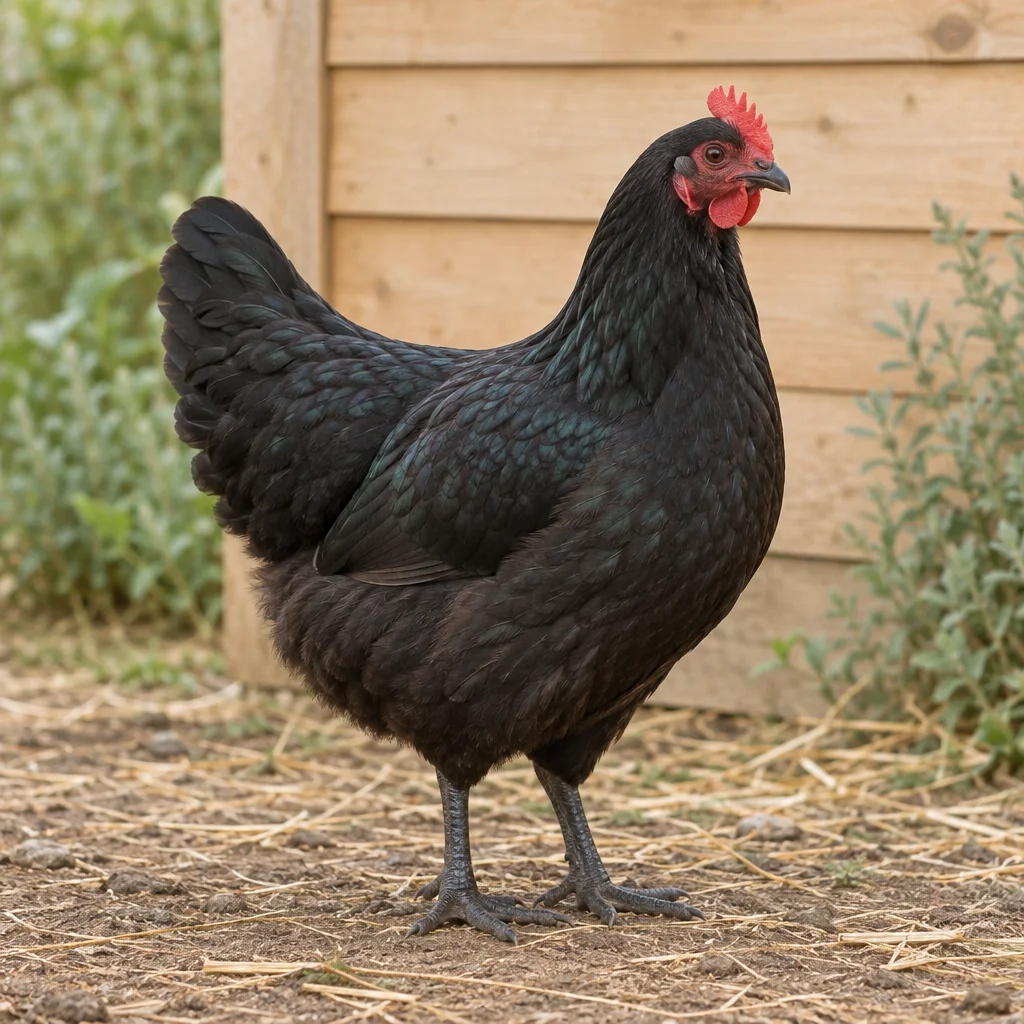 Ilustrație cu o găină Australorp neagră, cu creastă roșie, lângă un coteț de lemn.