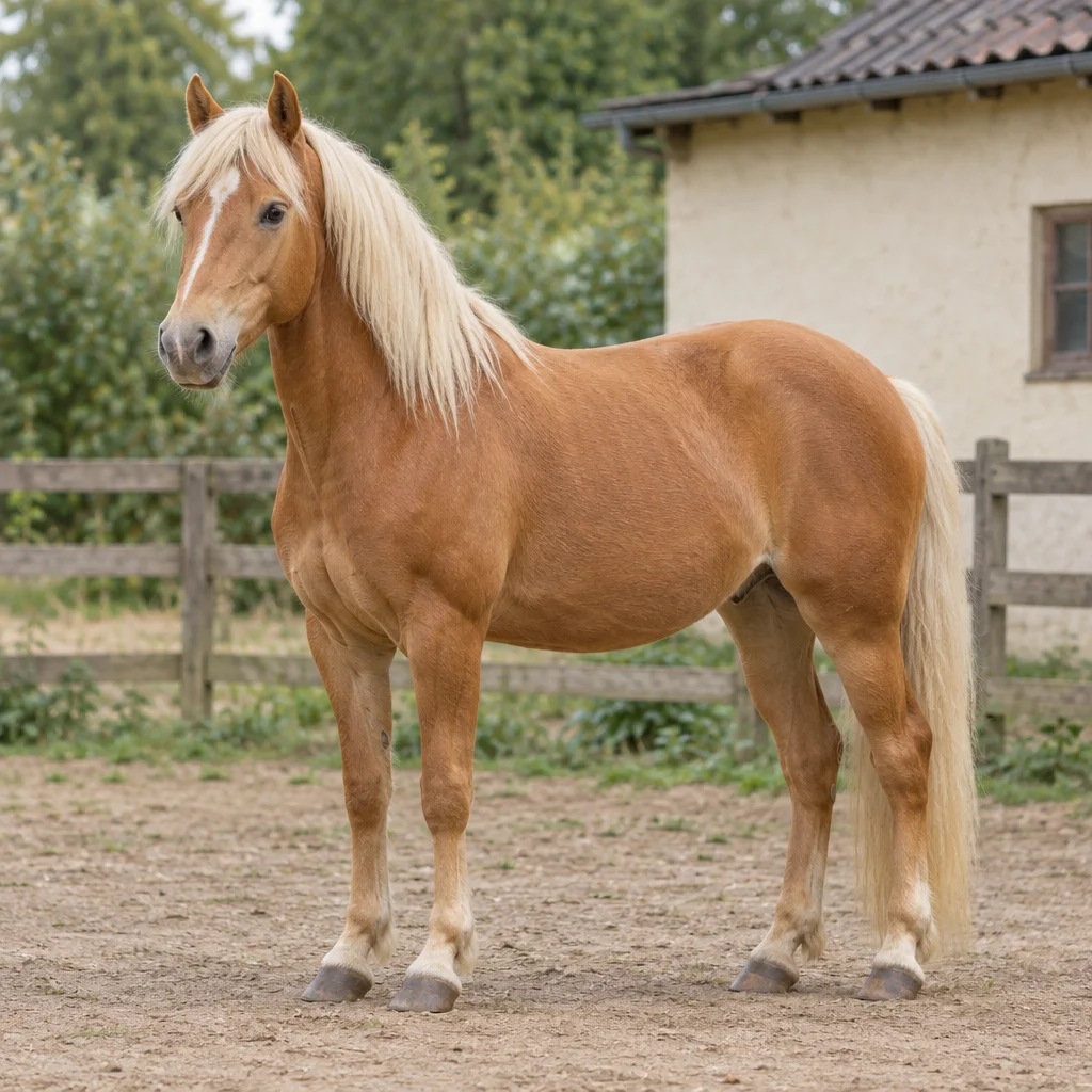 Un cal roib cu coama și coada deschise la culoare stă în padoc, cu toate cele patru copite vizibile, în fața unui gard de lemn și a unui grajd.