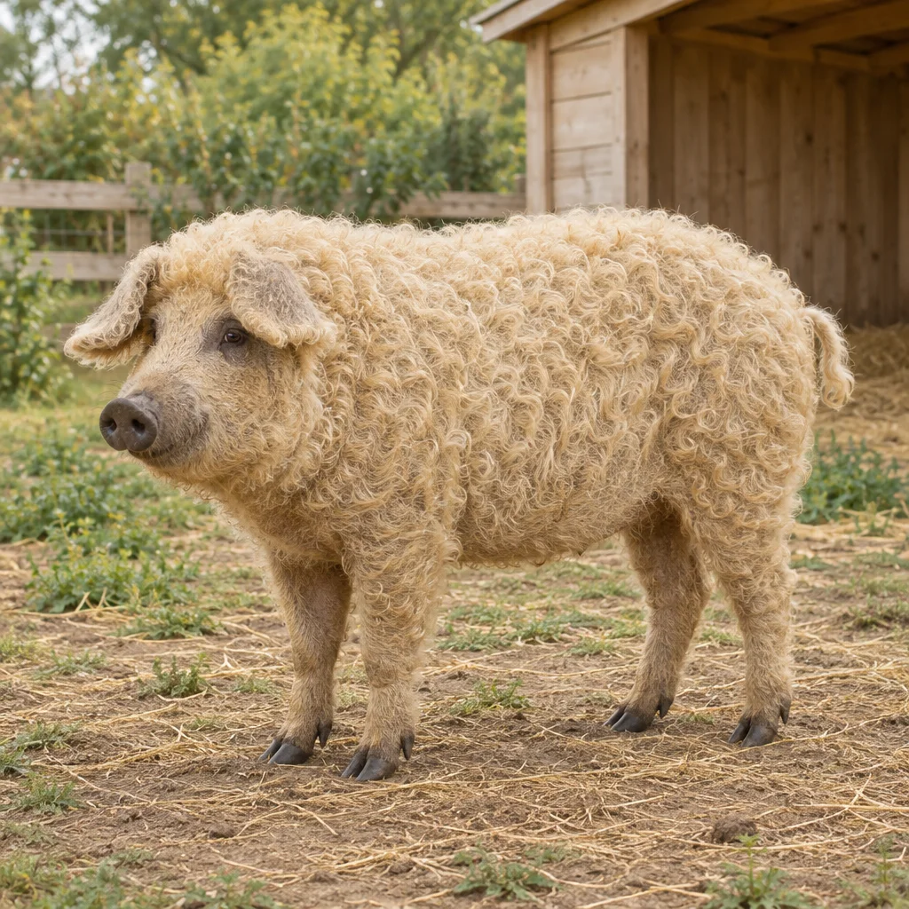 Un porc de culoare deschisă, cu blană creață și ongloane închise la culoare, stă în fața unui adăpost din lemn.