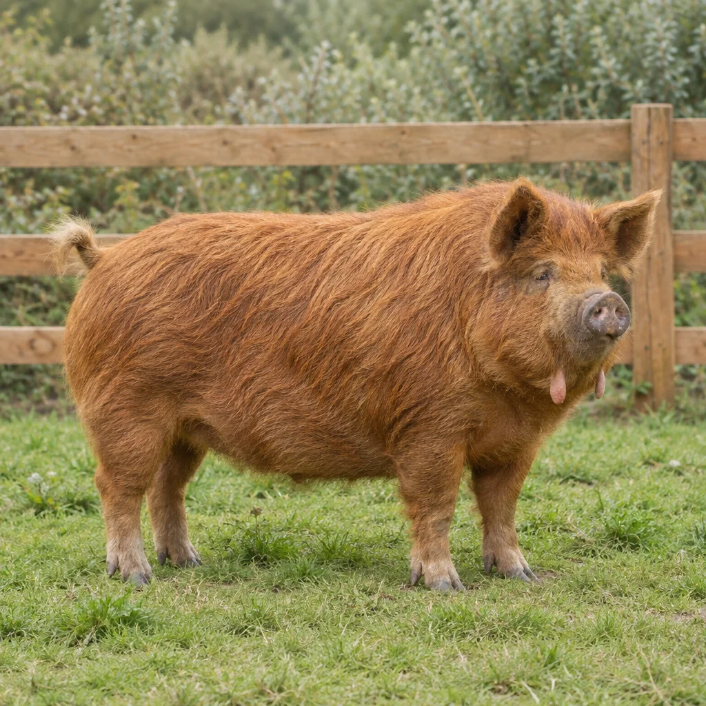 Un porc cu păr lung, de culoare brun roșcată, stă pe iarbă în fața unui gard de lemn, cu toate cele patru picioare vizibile. Sub maxilar îi atârnă doi apendici mici.