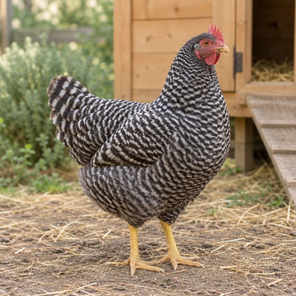 O găină Plymouth Rock cu dungi albe și negre stă pe pământ și paie, lângă un coteț de lemn, cu ambele picioare vizibile.