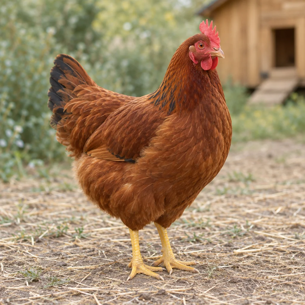 O găină roșcată brună, cu creastă simplă roșie, pene închise la culoare în coadă și picioare galbene, stă în curte.