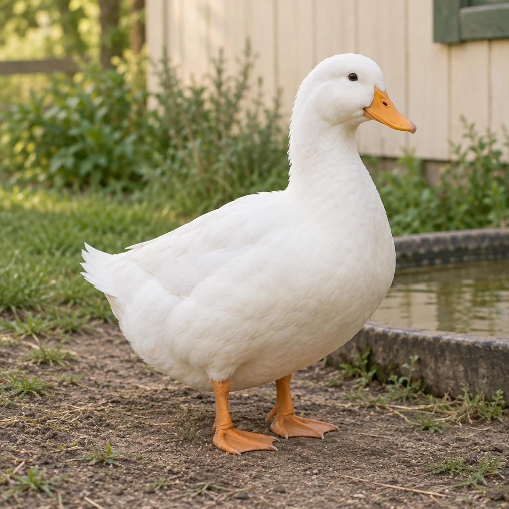 O rață albă cu cioc portocaliu și labe palmate stă pe pământ lângă un recipient cu apă, având în fundal vegetație și un perete din lemn deschis la culoare.