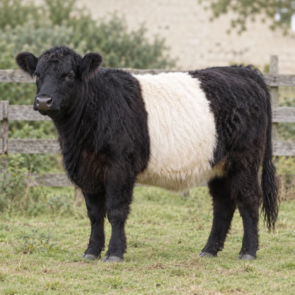 Ilustrație cu un bovin Belted Galloway negru, cu blană aspră și o bandă albă lată în jurul trunchiului, stând pe o pășune cu iarbă lângă un gard de lemn.